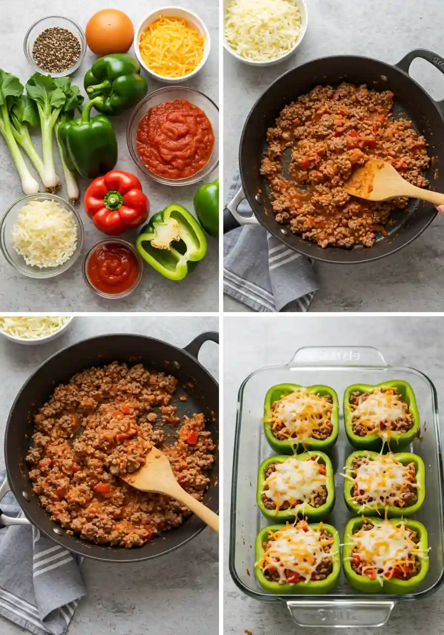 Instructions for Costco Stuffed Peppers Calories and Nutrition Facts Simplified_compressed Step-by-step collage showing Costco stuffed peppers recipe from ingredients to baking