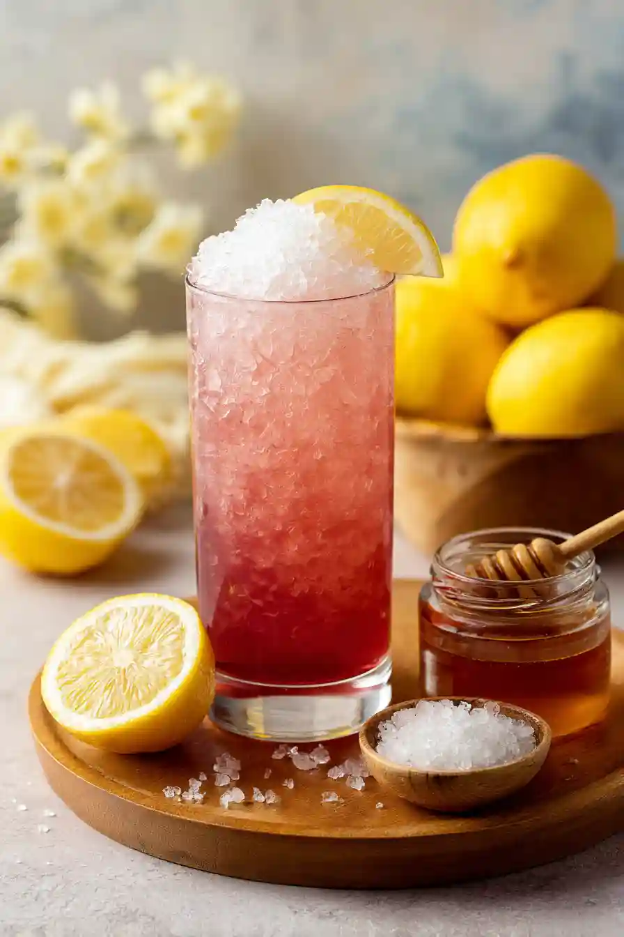 Pink Salt Trick Recipe for Weight Loss - Serving_compressed Chilled pink salt trick drink with lemon and honey