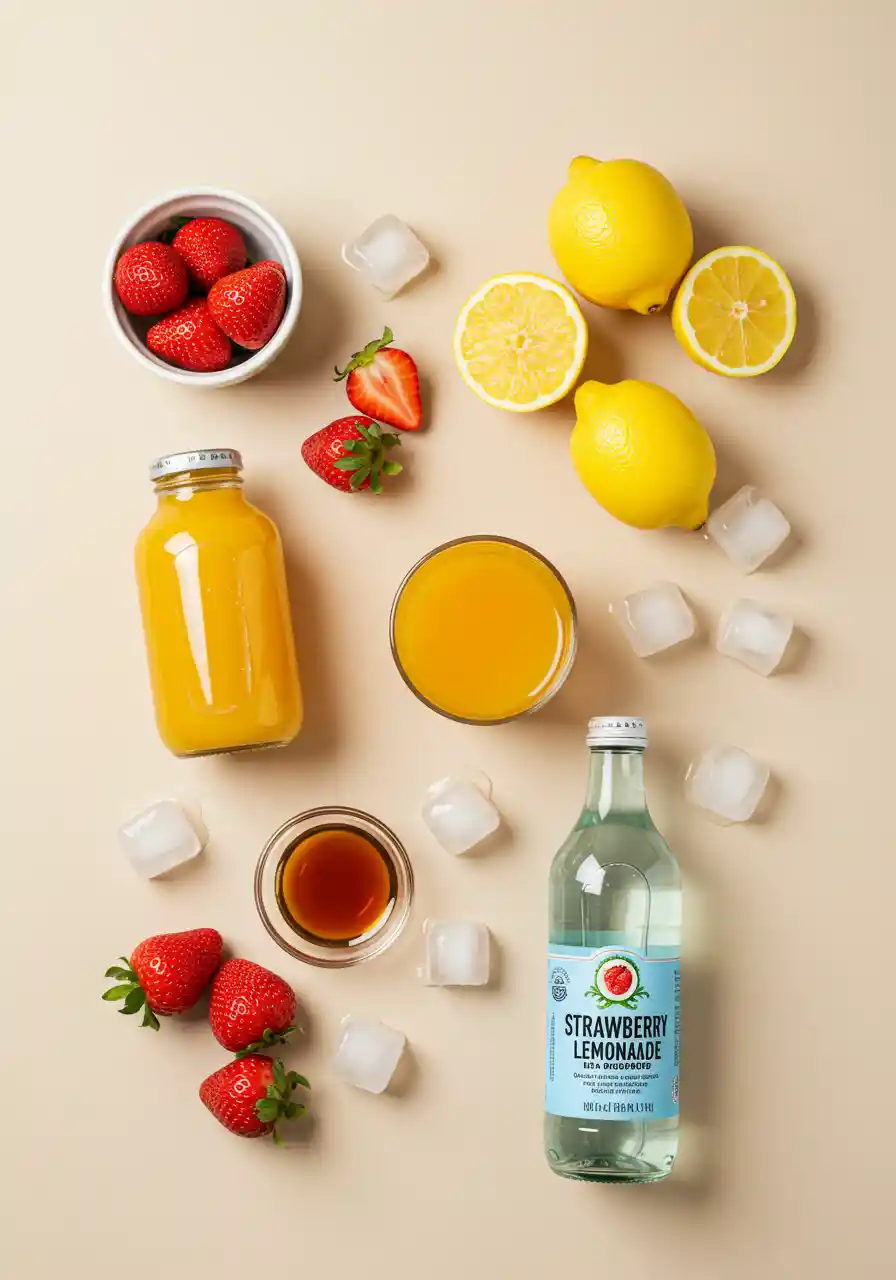 Ingredients for Strawberry Mango Lemonade Flatlay of ingredients for strawberry mango lemonade