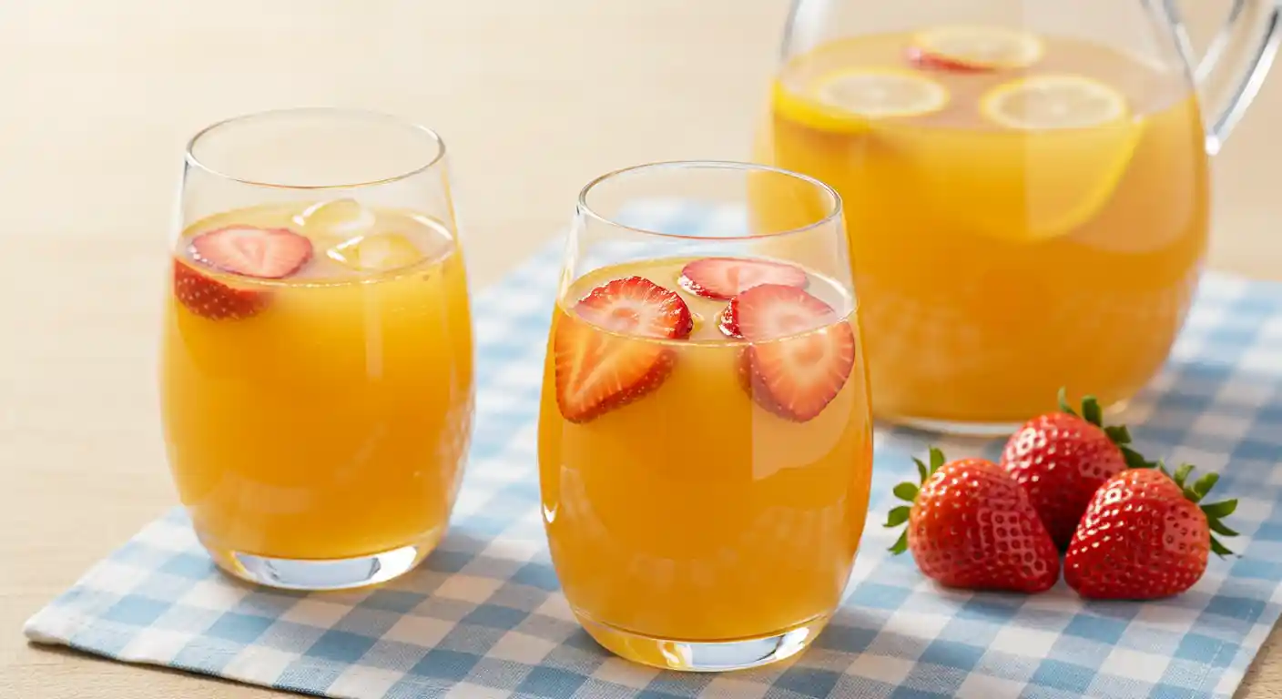 Glasses of strawberry mango lemonade with strawberries and ice on a picnic cloth