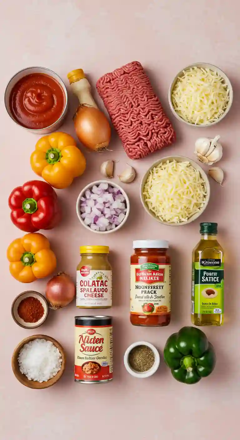 Ingredients for Stuffed Peppers with Ground Beef and Cheese Flat lay of stuffed pepper ingredients on soft pink background