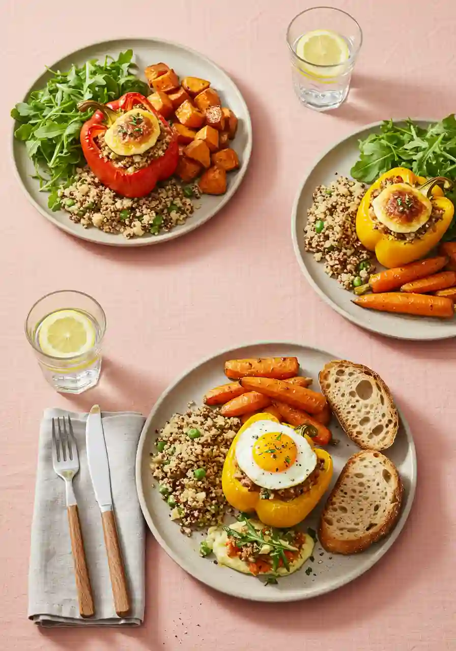 Stuffed Pepper Serving Ideas for Every Occasion Stuffed peppers served with salad, sweet potatoes, and egg variations
