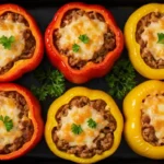 Baked stuffed bell peppers with melted cheese and ground beef