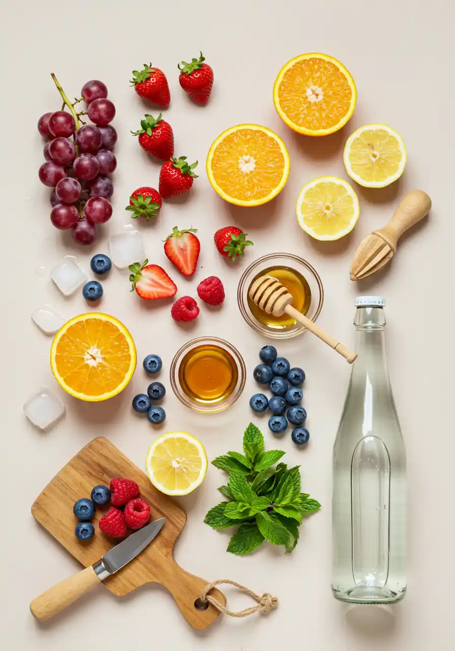 Fruit Riot Recipe Ingredients Flatlay Fresh fruit ingredients for summer fruit riot drink