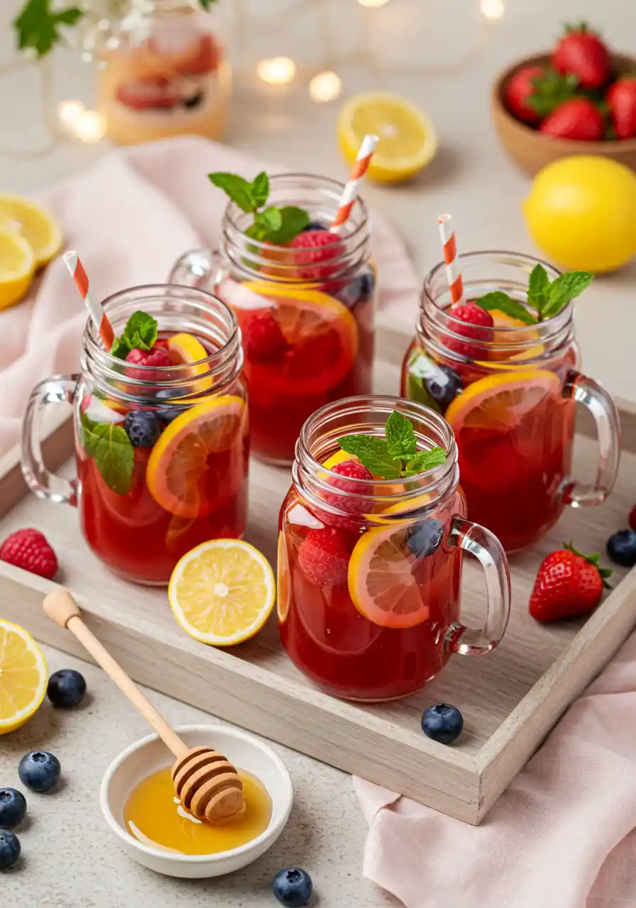 Serving Suggestions for Fruit Riot Recipe Mason jars of fruit riot drink served with citrus, berries, and mint