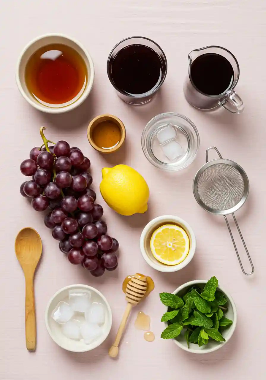 Ingredients for Homemade Grape Riot Recipe Flatlay of Homemade Grape Riot drink ingredients