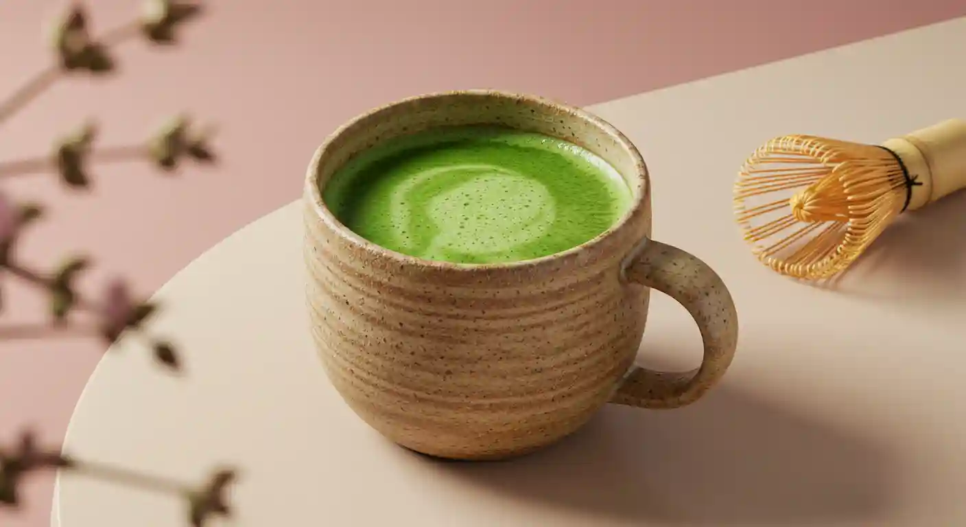 A calming cup of Japanese Mounjaro made with matcha, kelp, and ginger, served in a ceramic mug.