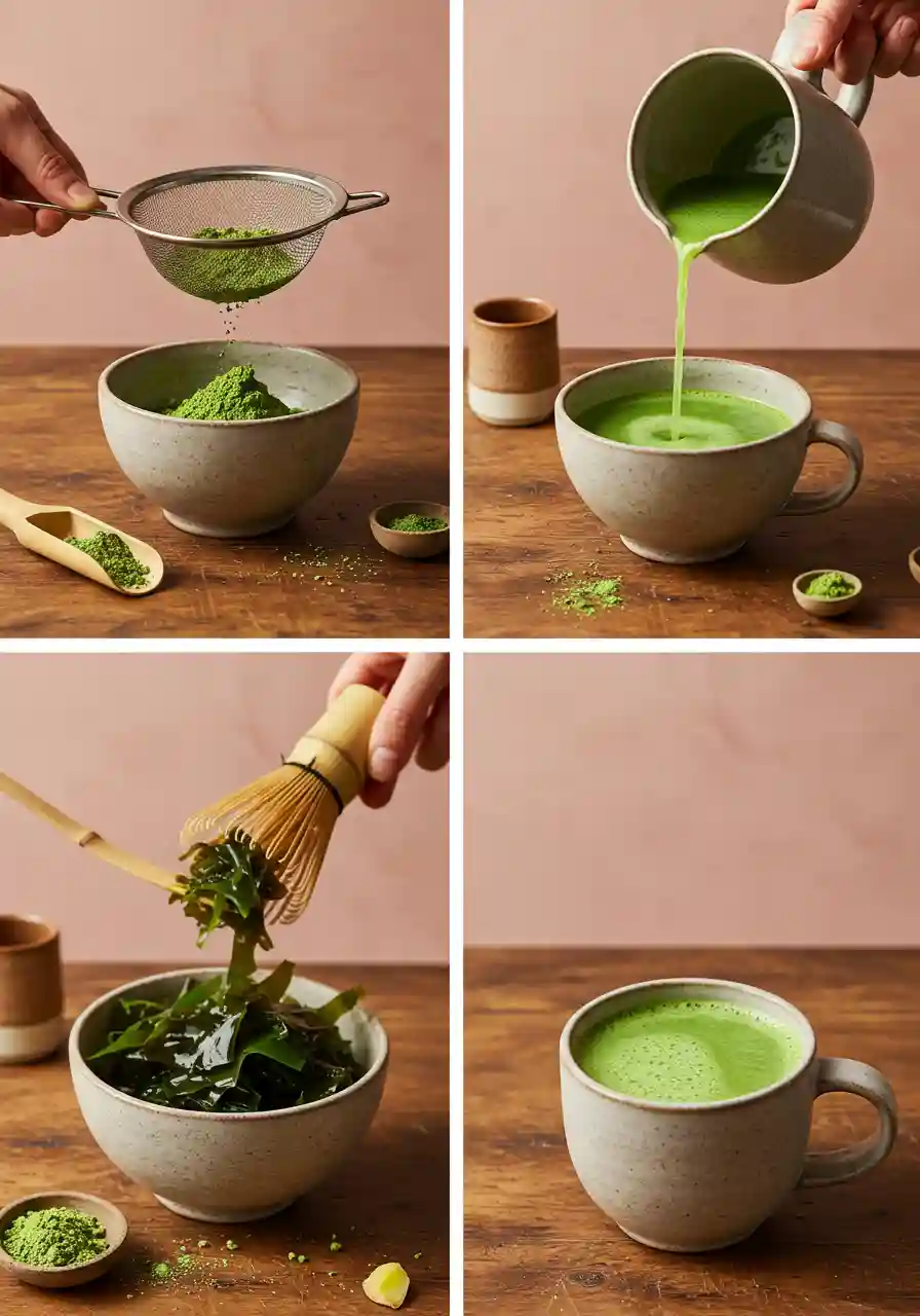 Step-by-Step Guide to Making Japanese Mounjaro A step-by-step process of making Japanese Mounjaro: sifting matcha, adding hot water, stirring in kelp and ginger.