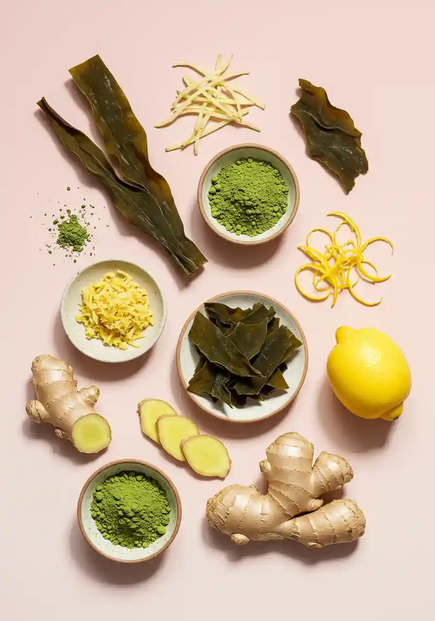 Ingredients for Japanese Mounjaro Drink A flatlay of matcha powder, dried kelp, fresh ginger, and lemon zest on a soft pink background.