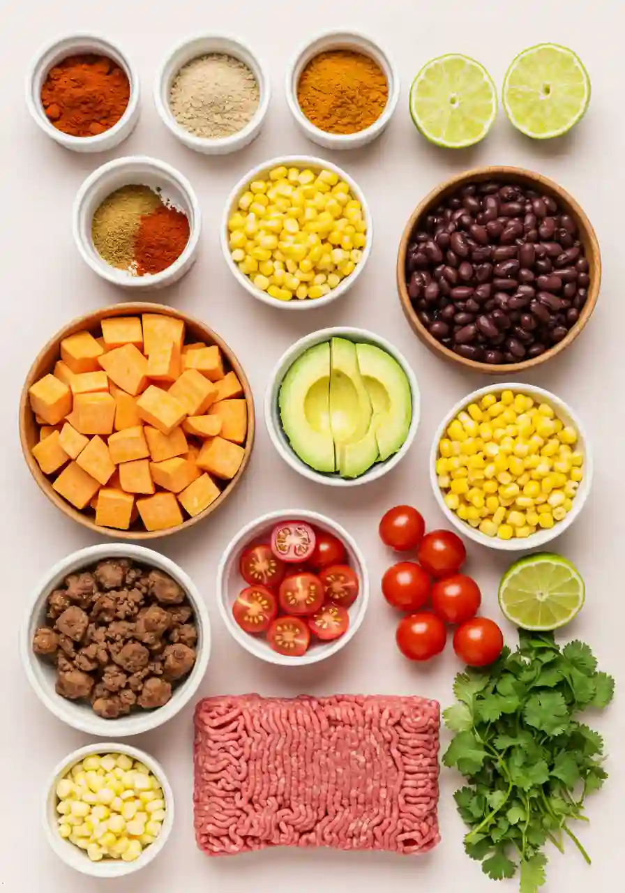 Ingredients for Sweet Potato Taco Bowl Flatlay of fresh taco bowl ingredients