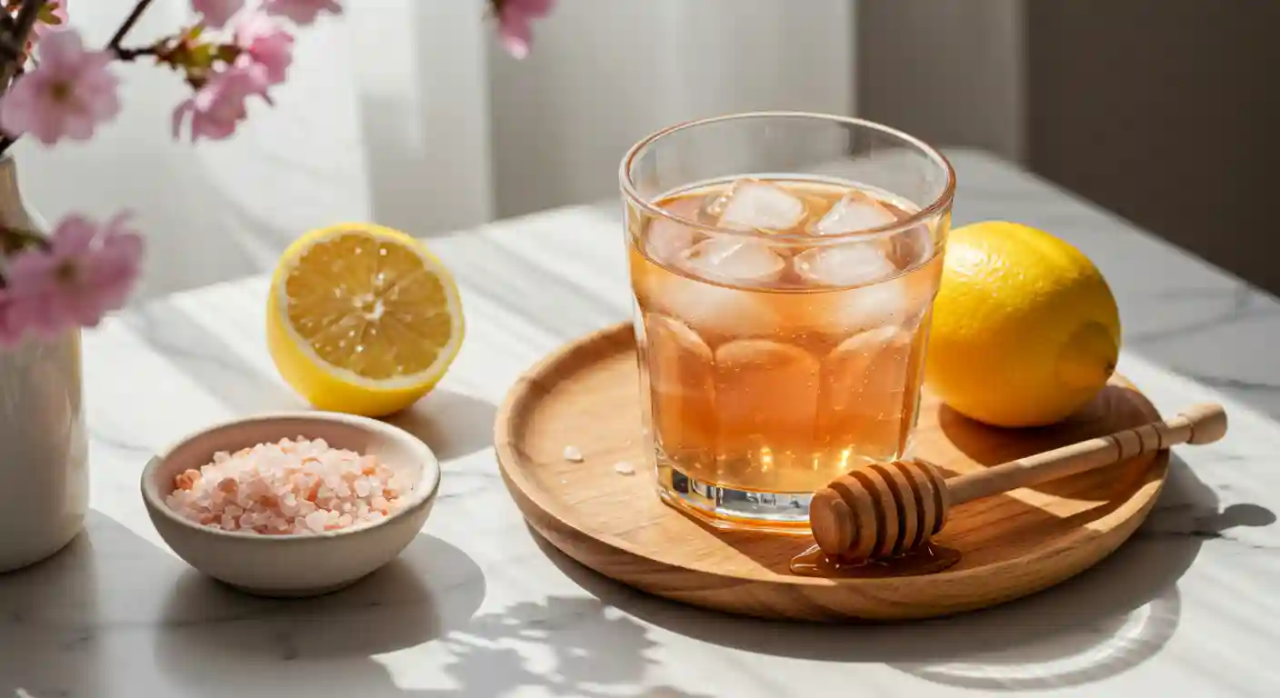 Japanese Pink Salt Recipe Drink in Glass with Lemon