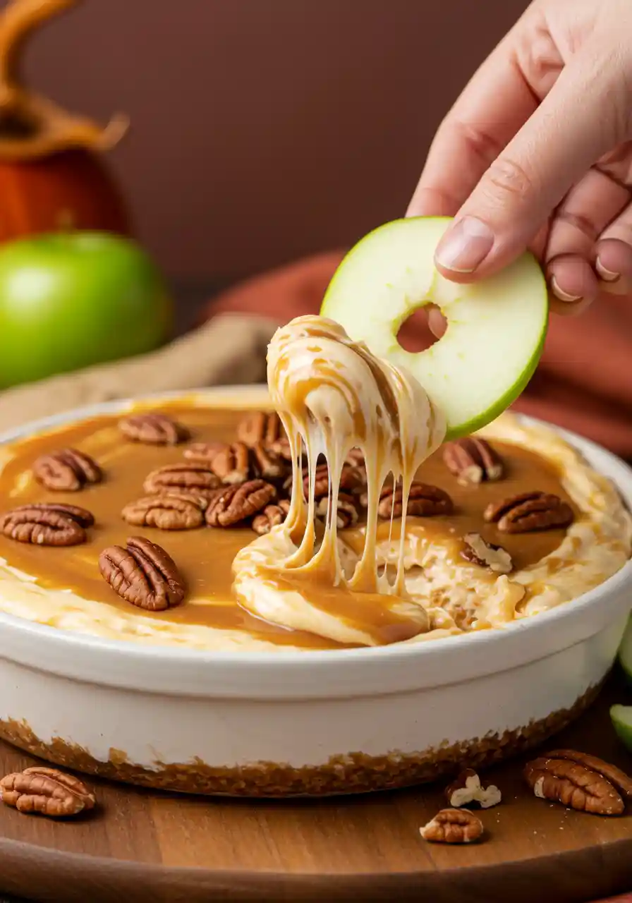 Apple Slice Dipping into Caramel Cheesecake Dip Hand dipping a green apple slice into caramel cheesecake dip with pecans on top