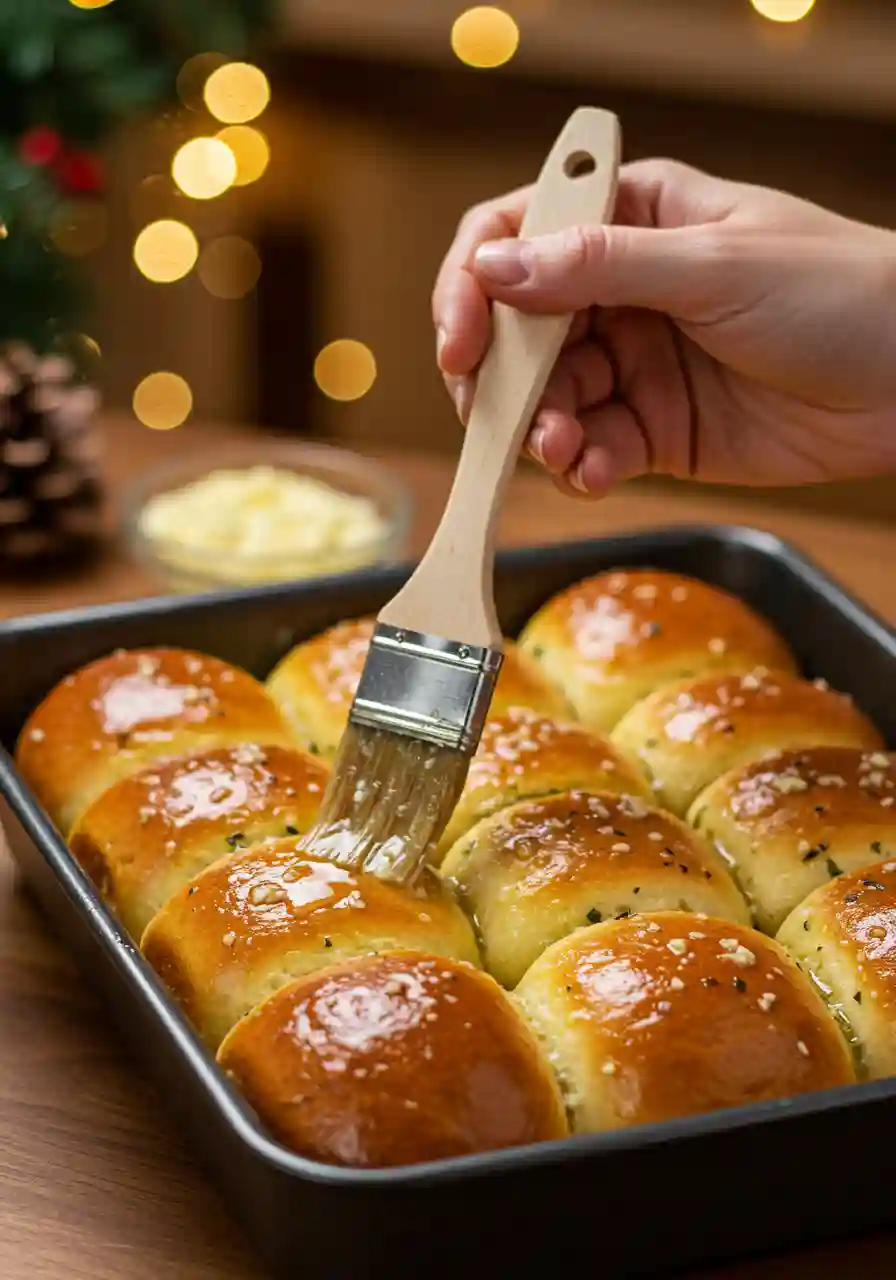 Brushing Garlic Butter on Bread Rolls Hand brushing garlic butter over freshly baked garlic bread rolls