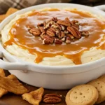 Finished caramel apple cheesecake dip topped with caramel and pecans, surrounded by apples and cookies on a fall table