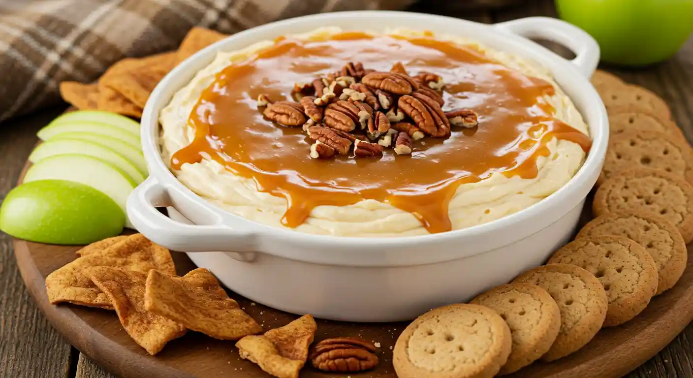 Finished caramel apple cheesecake dip topped with caramel and pecans, surrounded by apples and cookies on a fall table