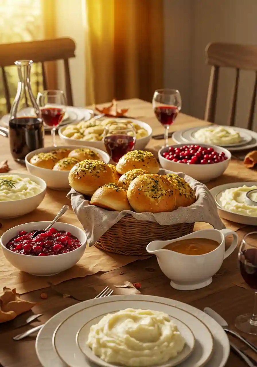 Garlic Bread Rolls Holiday Table Garlic bread rolls in a basket on a Thanksgiving dinner table