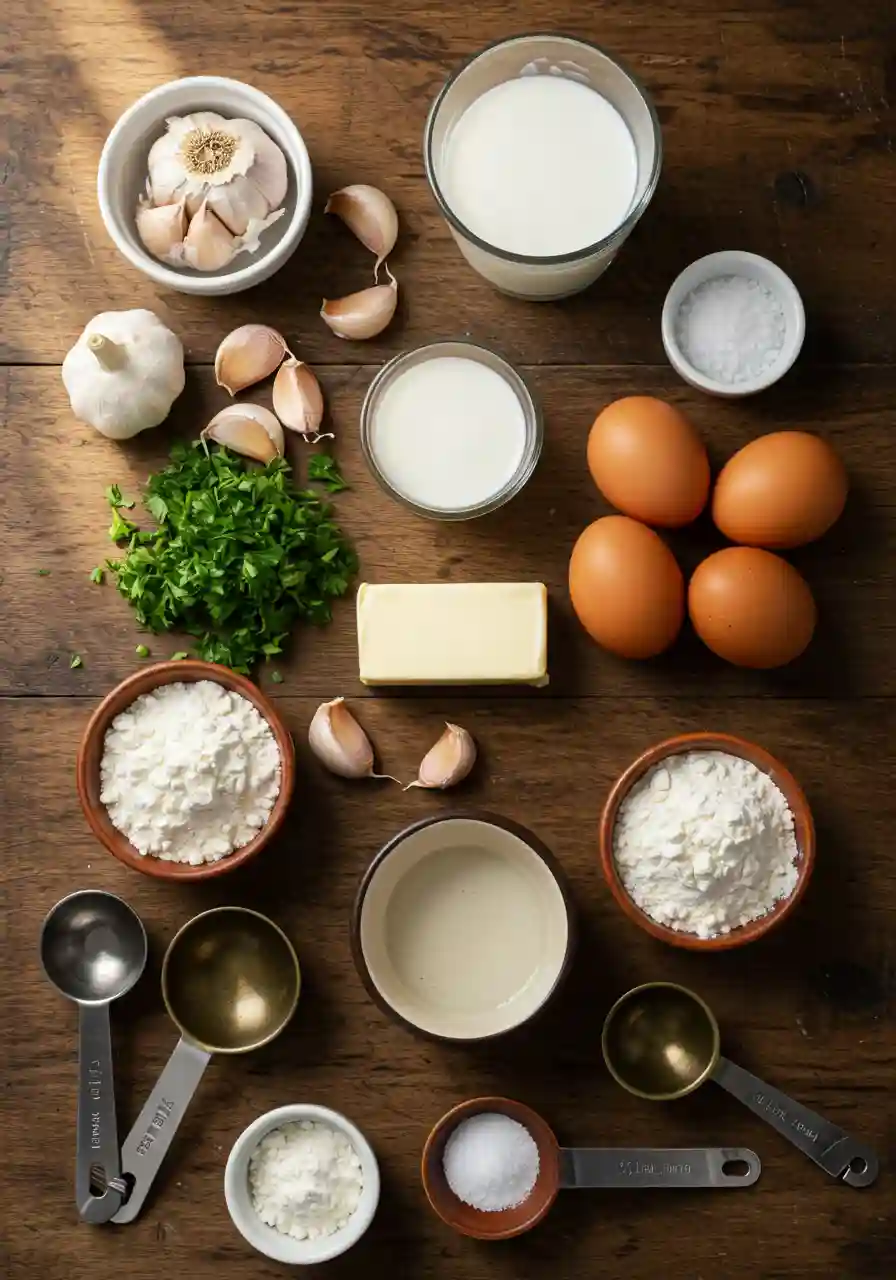 Garlic Bread Rolls Ingredients Flatlay of ingredients for garlic bread rolls on a rustic table