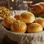 Golden garlic bread rolls brushed with butter in a basket on a Thanksgiving table