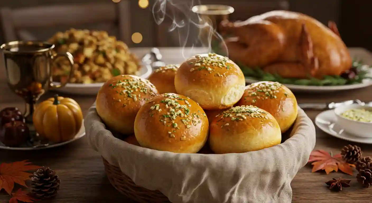 Golden garlic bread rolls brushed with butter in a basket on a Thanksgiving table
