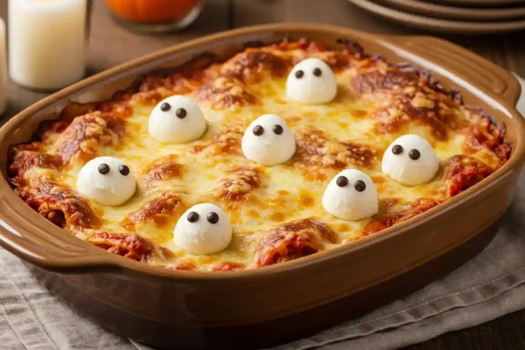 Ghostly lasagna baked in a casserole dish with mozzarella ghost