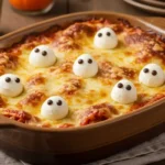 Ghostly lasagna baked in a casserole dish with mozzarella ghost