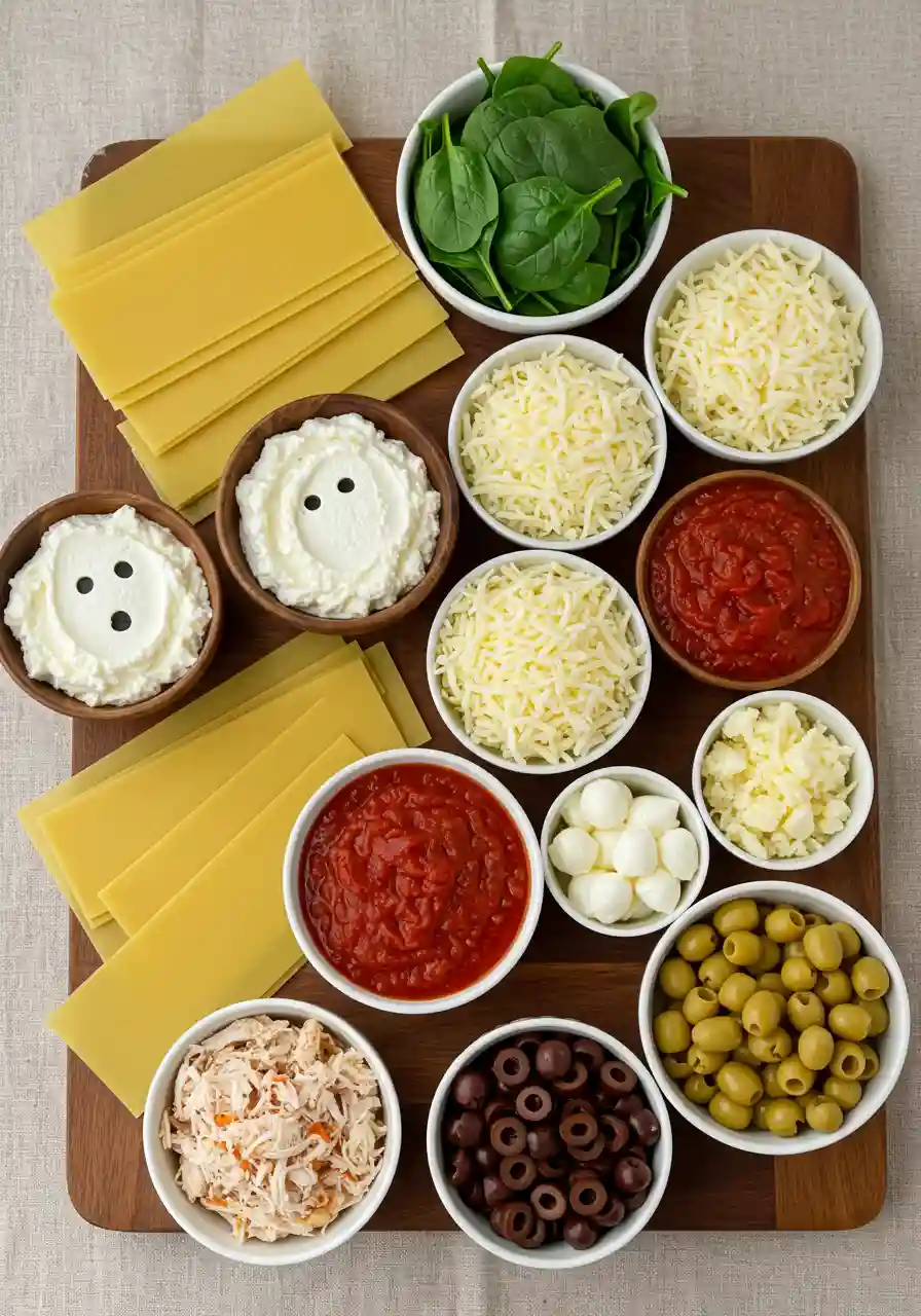 Flatlay of ghostly lasagna ingredients on a wooden board.