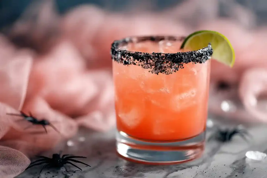 Hallow-Rita Margarita with red wine float, lime garnish, and Halloween decor