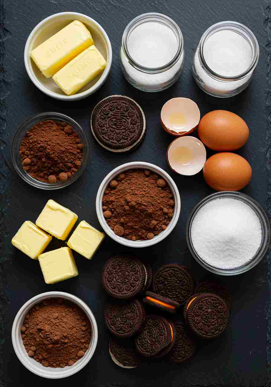 Halloween Oreo Brownies Ingredients Flatlay Overhead flatlay of ingredients for Halloween Oreo Brownies including butter, cocoa powder, eggs, sugar, and orange-filled Oreos.