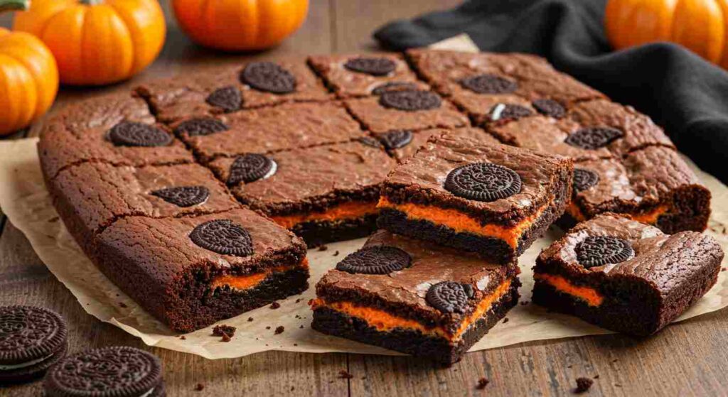 Fudgy Halloween Oreo Brownies sliced into squares with bright orange filling, displayed on a rustic wooden table with mini pumpkins.