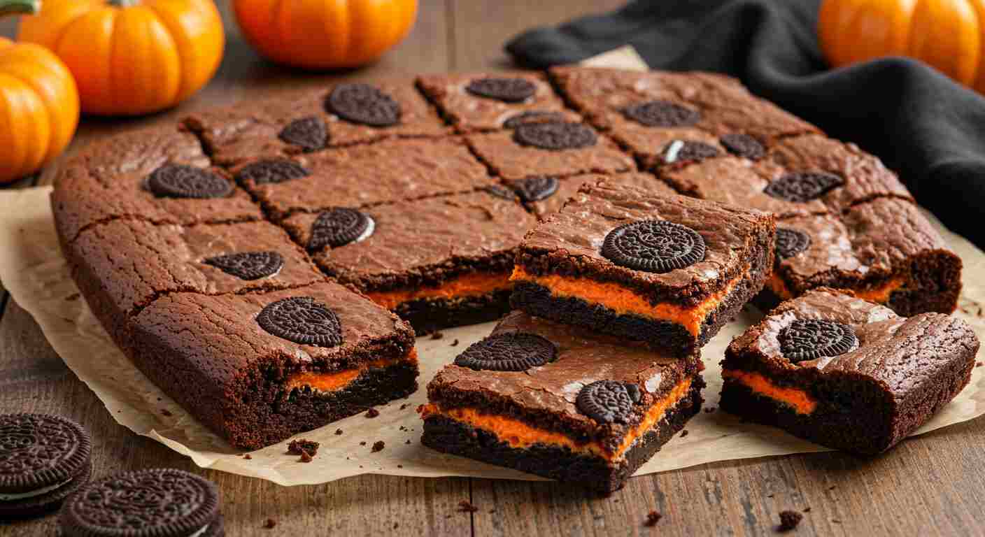 Fudgy Halloween Oreo Brownies sliced into squares with bright orange filling, displayed on a rustic wooden table with mini pumpkins.