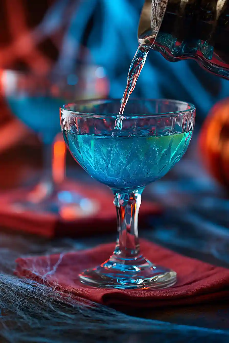 Make It Glow with Blue Curaçao_compressed Blue Curaçao pouring into a Midori-based Halloween drink in glass