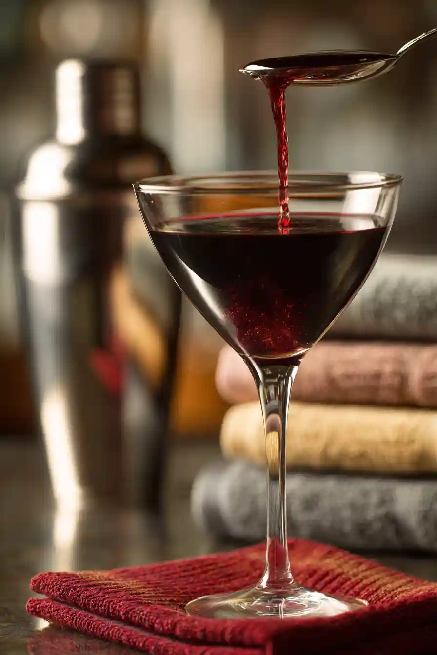 Making the spooky float_compressed Pouring red wine over spoon to create float in spooky margarita