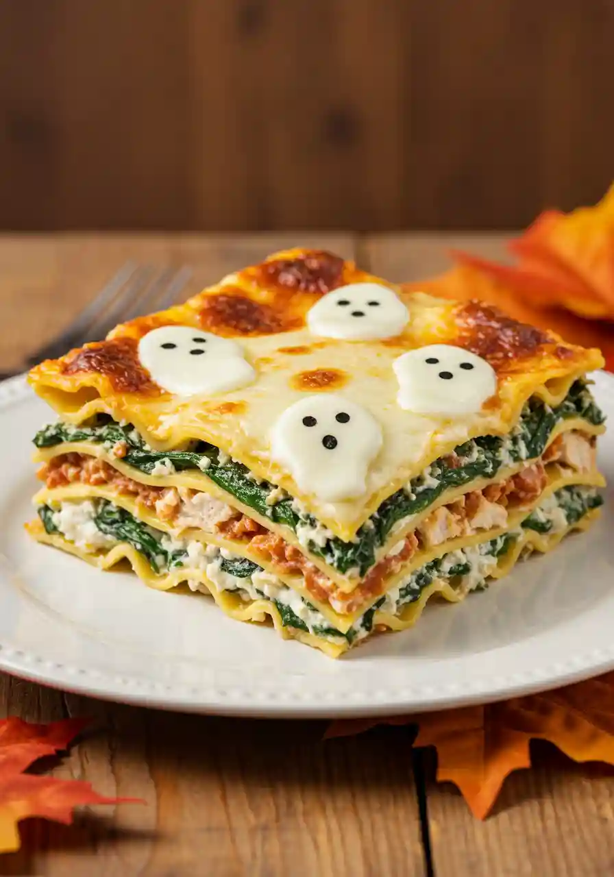 Slice of ghostly lasagna with mozzarella ghost on top.