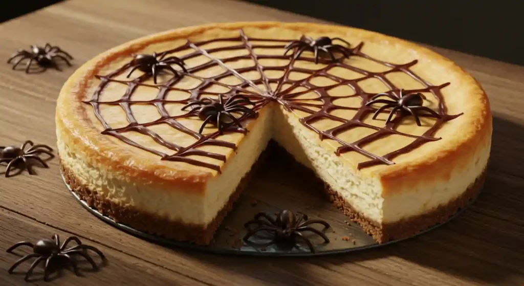 Whole Spider Web Cheesecake with chocolate web design on top, styled for Halloween.