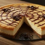 Whole Spider Web Cheesecake with chocolate web design on top, styled for Halloween.