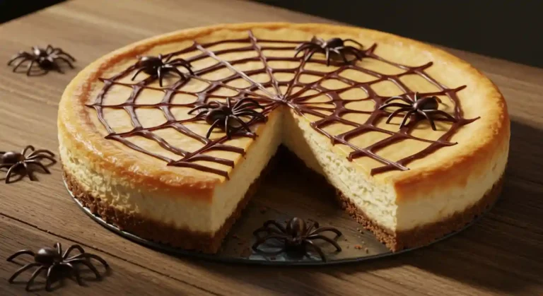 Whole Spider Web Cheesecake with chocolate web design on top, styled for Halloween.