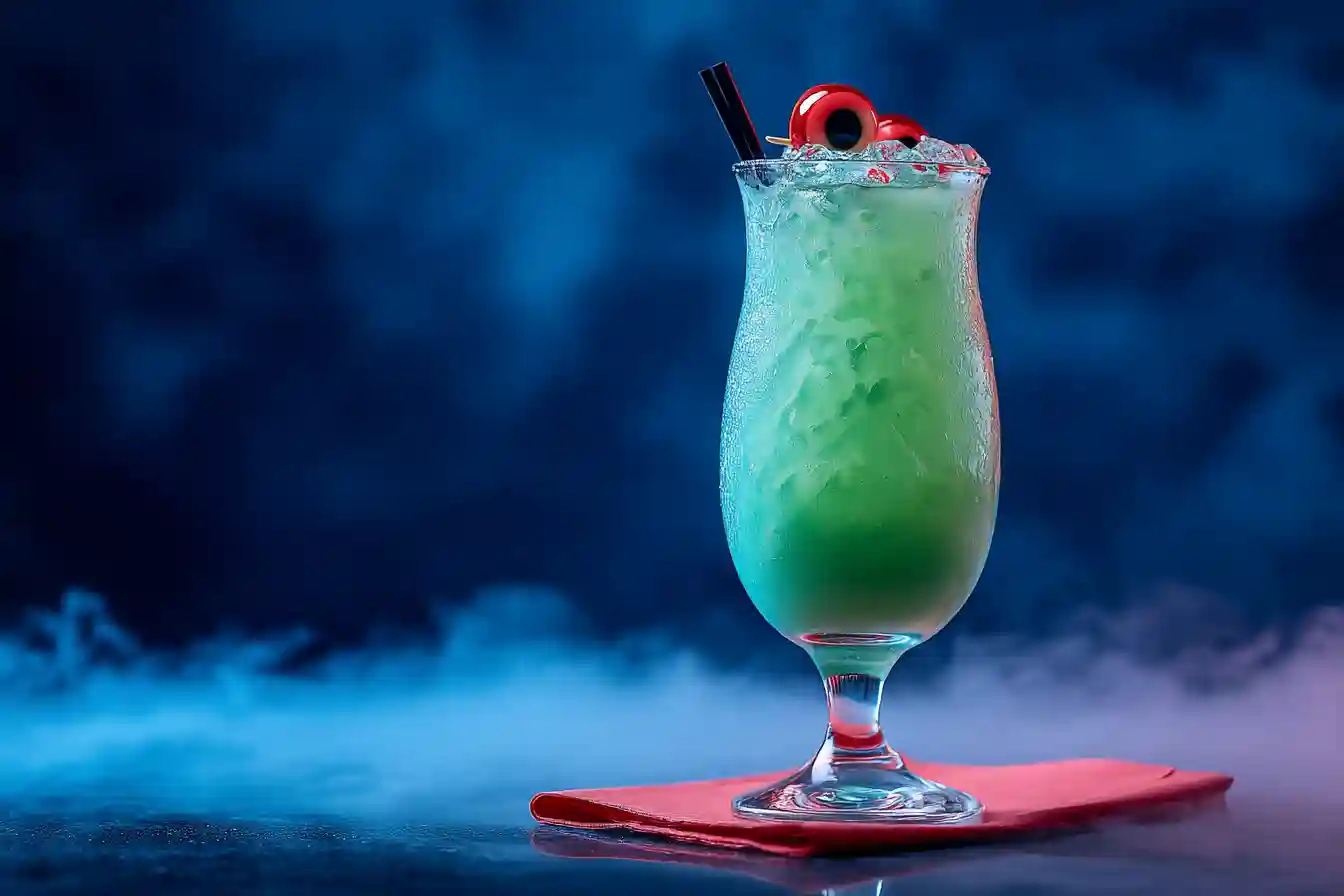 Beetlejuice cocktail glowing green in spooky Halloween glass with candy eyeball garnish