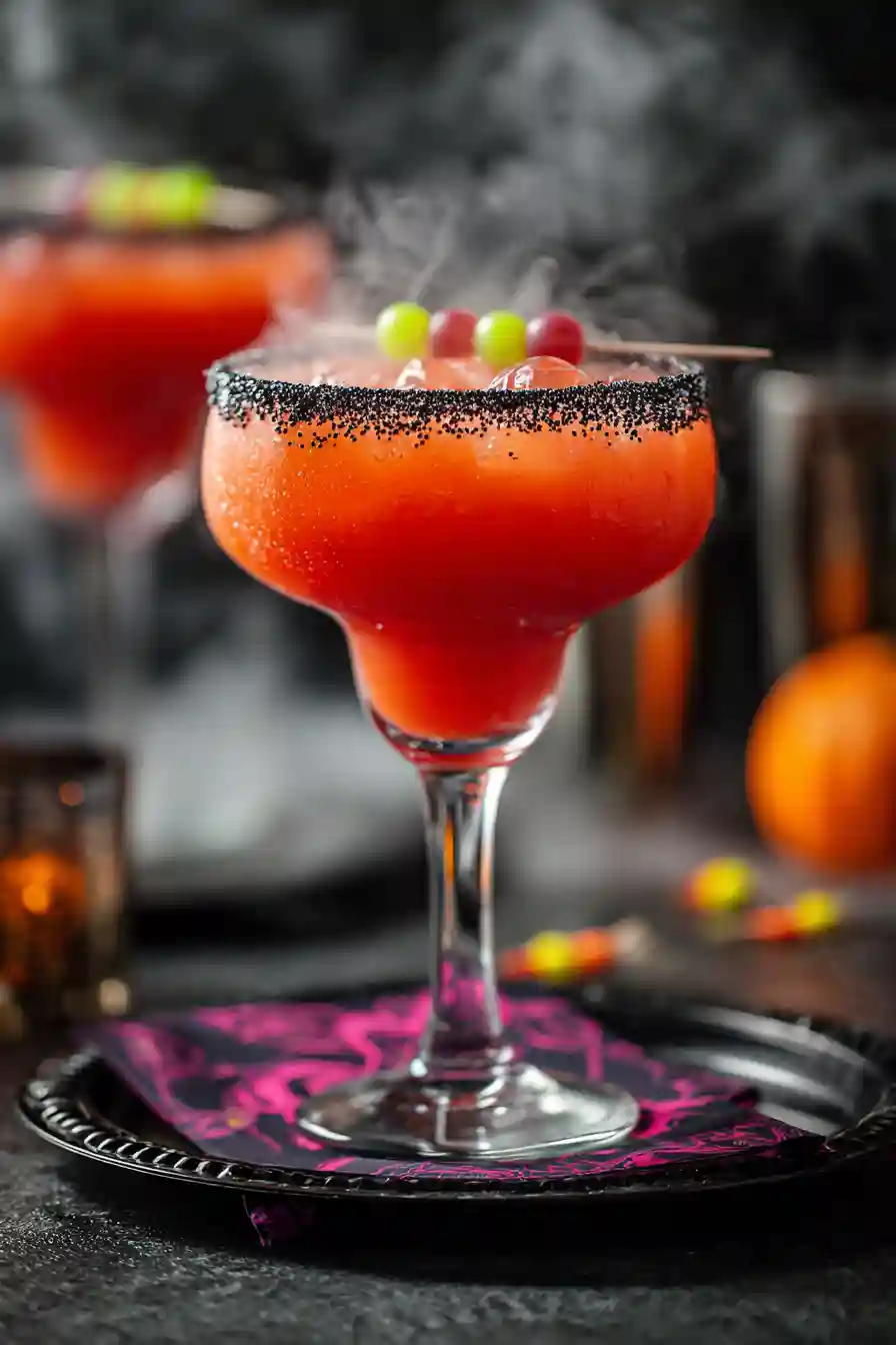 Spooky Margarita Ready to Serve_compressed Hallow-Rita Margarita cocktail with garnish and Halloween party setup