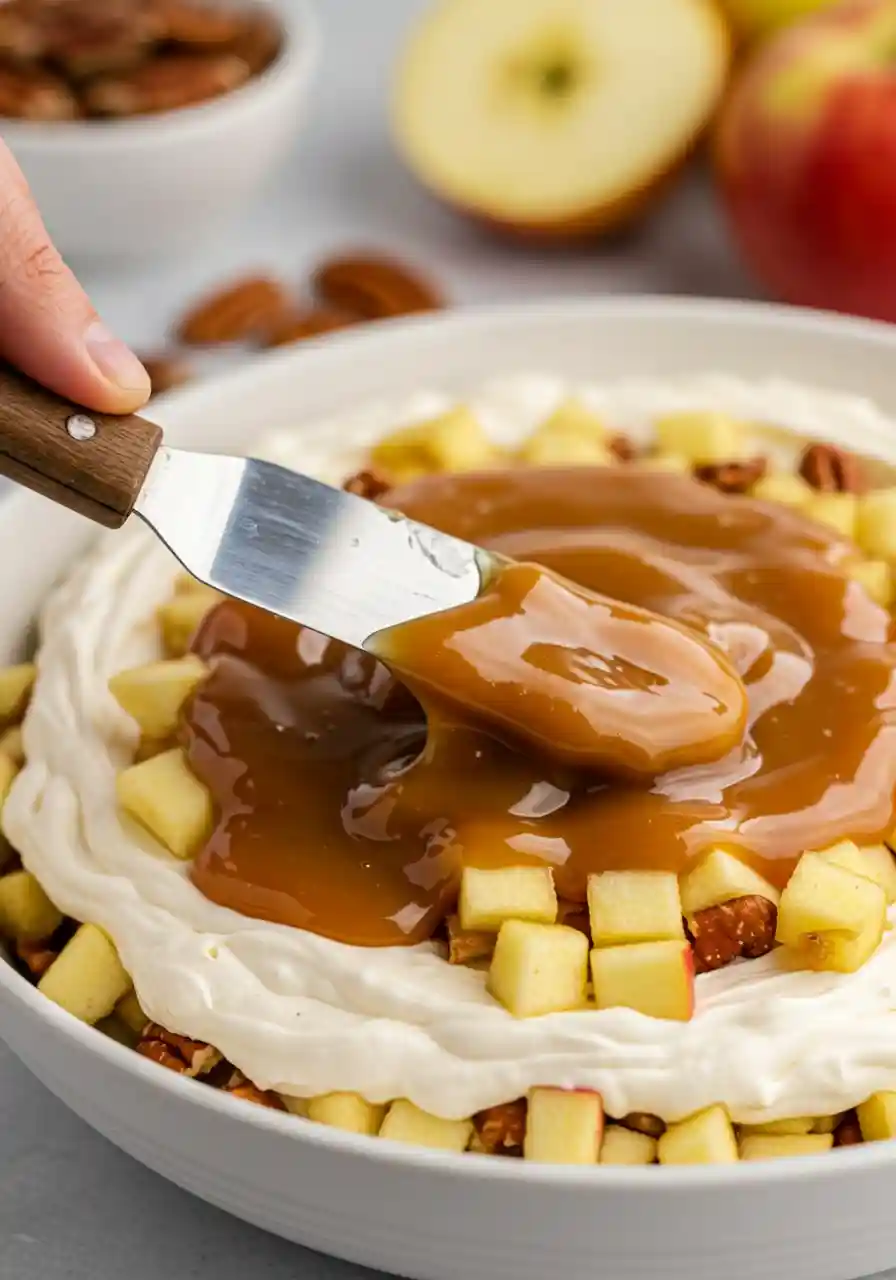 Spreading Caramel Over Cream Cheese Layer Hand spreading caramel over a cream cheese layer in a shallow bowl for apple cheesecake dip