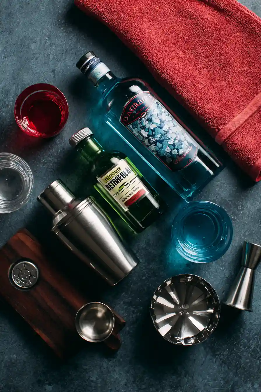 What You Need for a Beetlejuice Cocktail_compressed Halloween cocktail ingredients flatlay for Beetlejuice drink with Midori and vodka