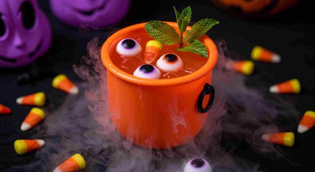 Bright orange Halloween punch in mini cauldron with floating gummy eyeballs