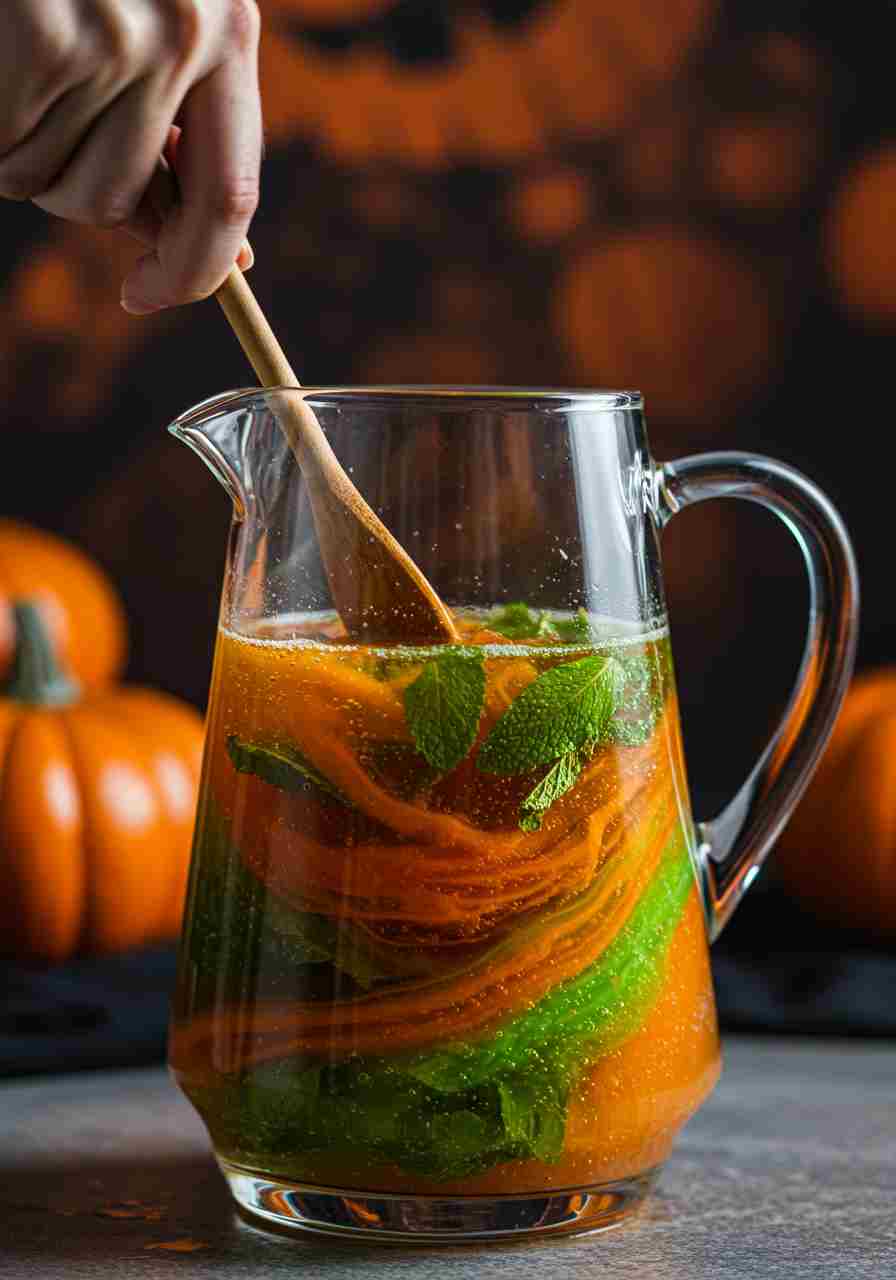 Stirring the Halloween Punch Pitcher of orange punch being stirred with mint leaves inside