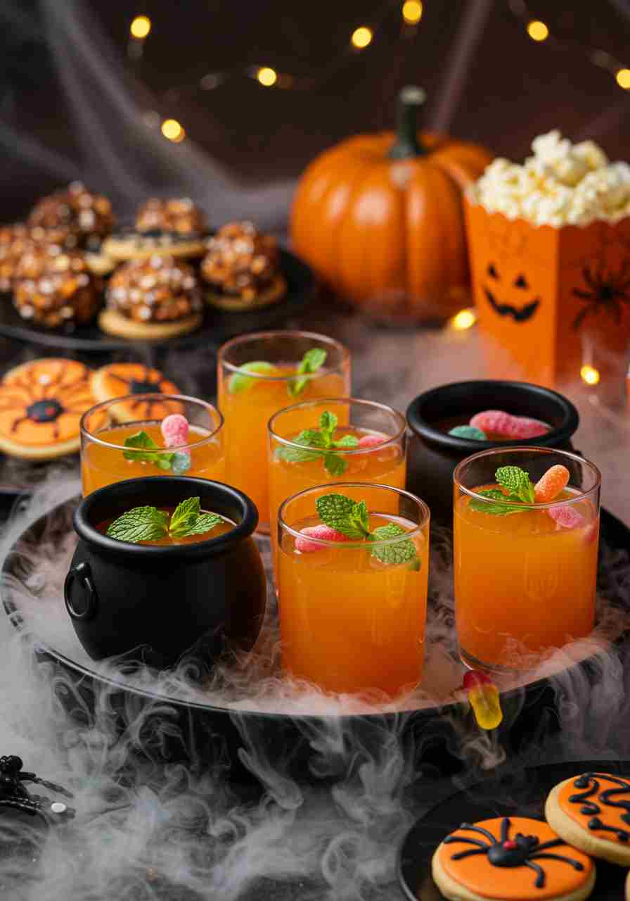Serving Hocus Pocus Punch Glasses of orange Halloween punch with floating gummy worms on party table