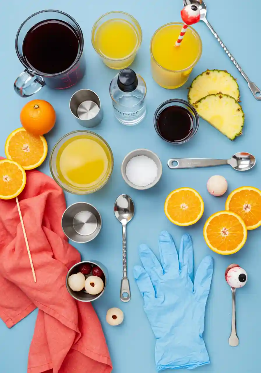 Ingredients for Spooky Vampire Punch Flat lay of Vampire Punch ingredients on blue and coral cloth