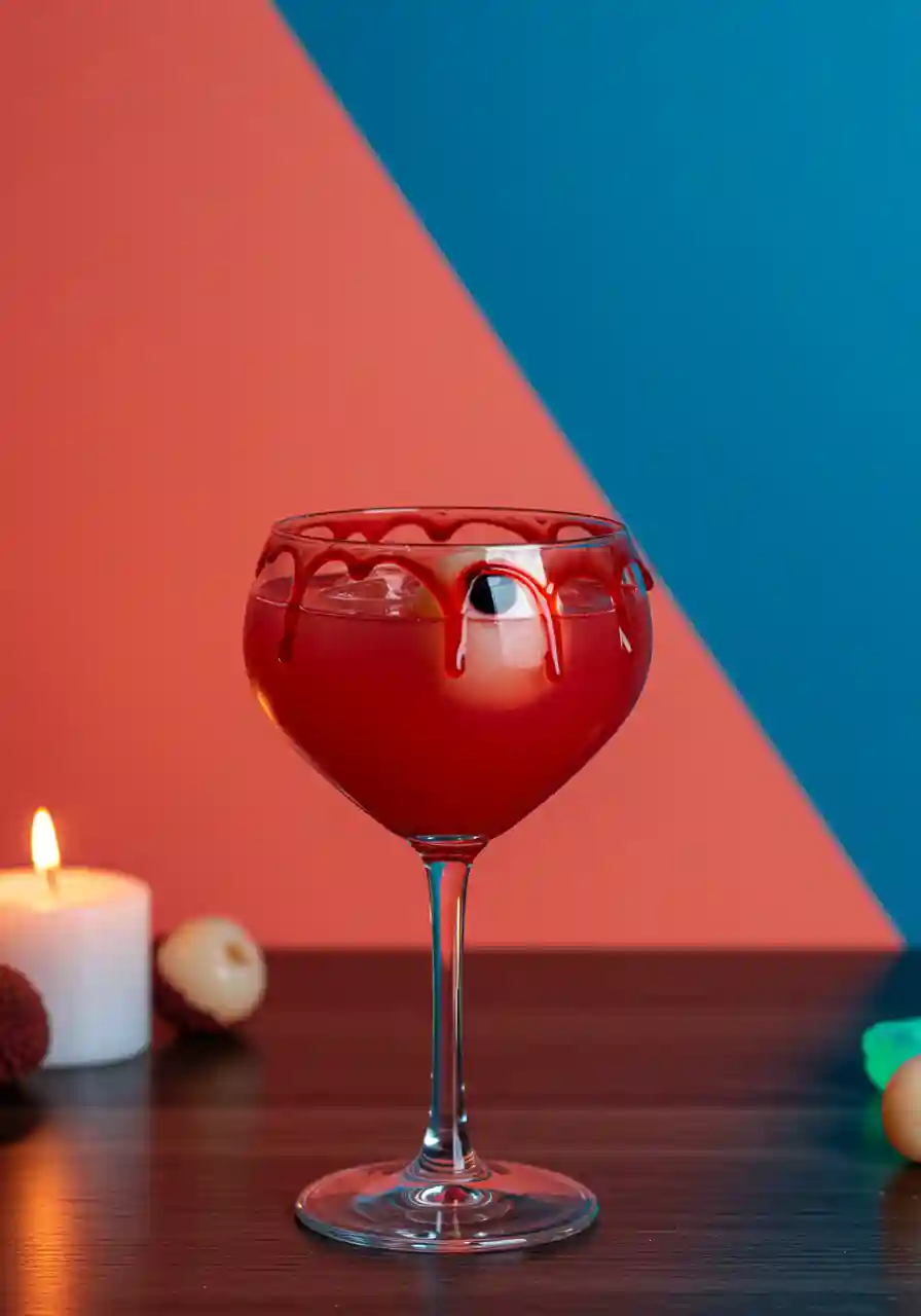 Halloween Glass of Vampire Punch Styled glass of Vampire Punch with eyeball garnish on coral and blue background