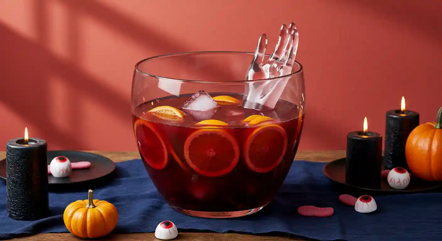Halloween Vampire Punch bowl with garnishes on coral and blue table