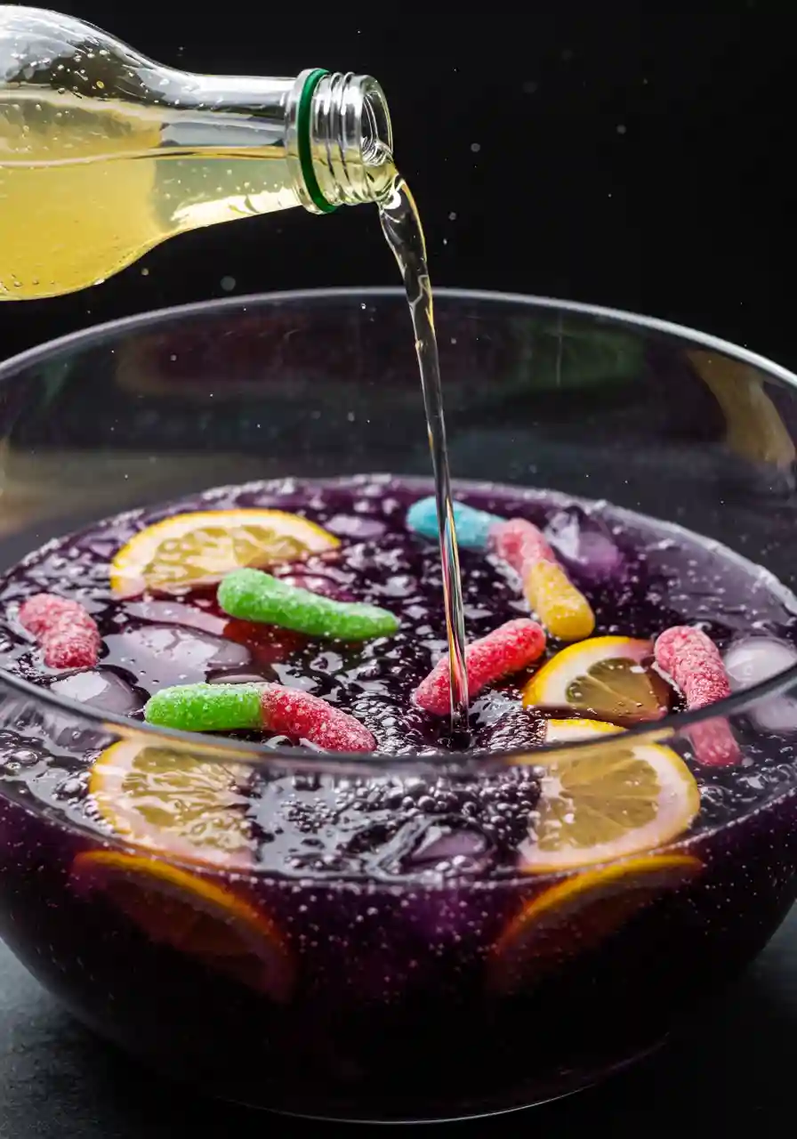 Adding Fizz to Purple Halloween Punch_ Soda being poured into punch bowl with purple juice and garnishes