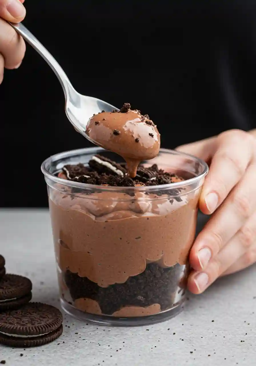 Assembling Layers of Graveyard Pudding Cookie Cups Hand spooning chocolate pudding into a clear cup layered with Oreo crumbs for Halloween dessert cups