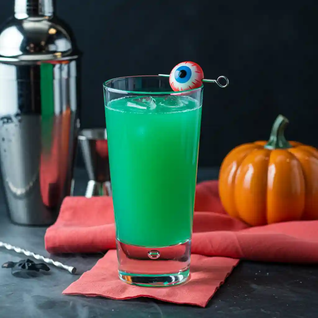 Glowing Green Beetlejuice Cocktail in Shared Set Beetlejuice cocktail glowing green with candy eyeball on the dark walnut island with the shared shaker, bar spoon, and coral napkin.
