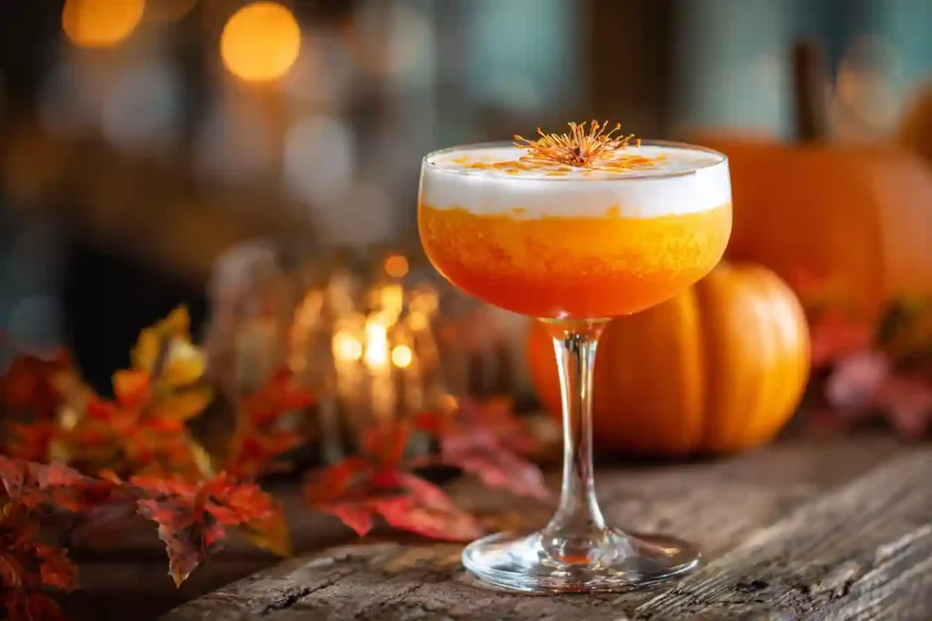 Candy corn cocktail in coupe glass with dried flower garnish and pumpkins